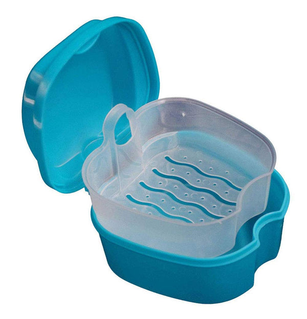 Denture Bath Case | Cup Box Holder Storage Soak Container with Strainer Basket for Travel Cleaning (Light Blue)