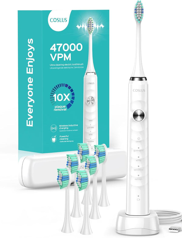 COSLUS Sonic Electric Toothbrush for Adults and Kids: Wireless Rechargeable with Portable Travel Case, 5 Modes, 47000