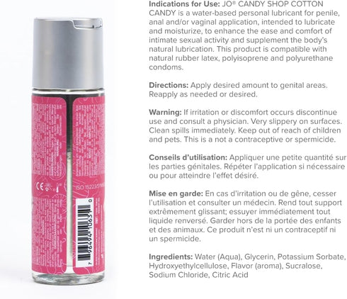 H2O 2 oz JO Cotton Candy Flavored Lube Edible Water Based Personal Lubricant for Oral Sex, Safe for Men, Women