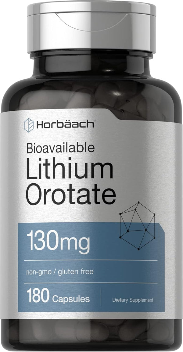 Horbaeach Lithium Orotate 130mg, 180 Capsules, Non-GMO, Gluten Free, 5mg Bioavailable Elemental Lithium