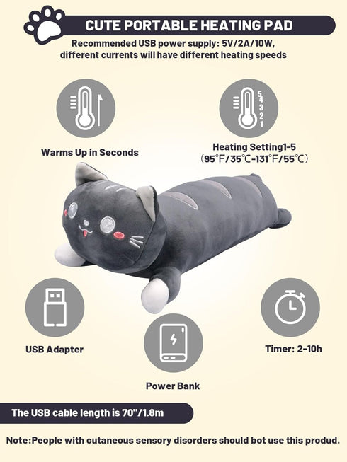 TEYOUAI 20" 5 Settings 5 Grey Cat Heating Pad for Period Cramps USB Portable Electric Heat Timer Modes Auto Shut Off