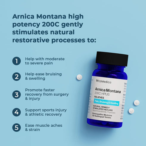 VitaMedica Arnica Montana 200C Rapid Dissolve Tablets - Natural Pain, Bruising, Swelling Support for Injury Recovery