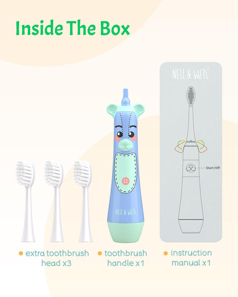 NELL&WELL Kids Electric Toothbrush, 2-Min Timer, 3 Modes, IPX 7 Waterproof, Battery Powered for Ages 3+