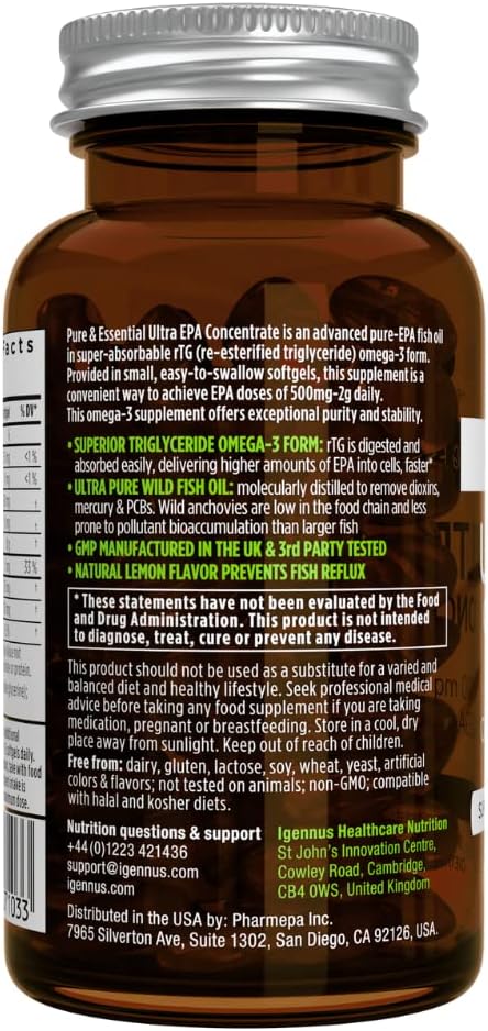 Pure & Essential Ultra Pure EPA Omega-3 Concentrate, 500 mg Wild Fish Oil, 90 Small Softgels