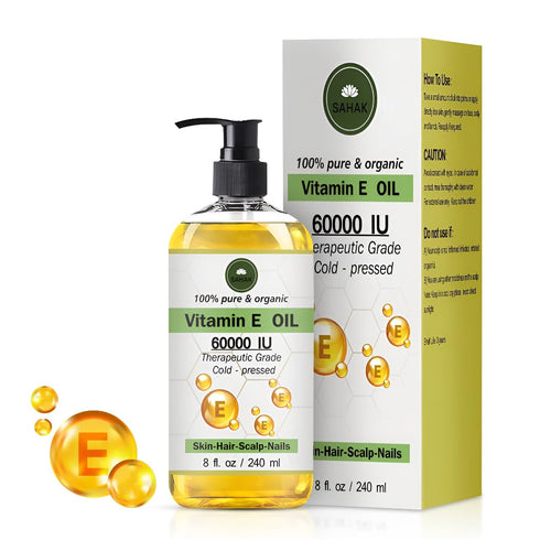 SAHAK Natural Vitamin E Oil, 100% Pure, Cold-Pressed, 60000 IU, Organic for Hair, Scalp, Skin, 240 ml (8 oz)