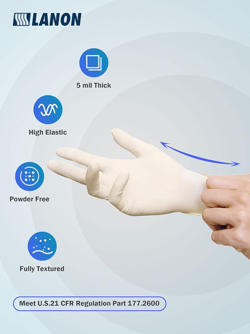 LANON 5 mil Latex Disposable Gloves, Powder-Free, Food-Contact Grade, Large White
