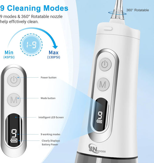 JNGOODS Water Dental Flosser, 300ml Rechargeable Oral Irrigator, IPX7 Waterproof, 9 Modes, Travel Home Use (White)