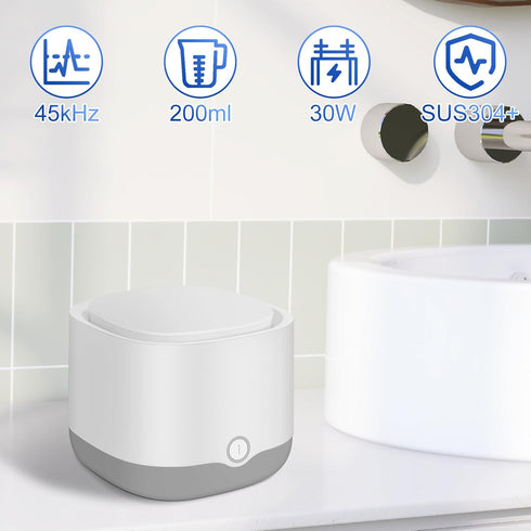 Ultrasonic Retainer Cleaner, Retainer Cleaner Machine for Dentures, Denture Cleaner for All Dental Appliances 45kHz Professional Ultrasonic Jewelry Cleaner with Cleaning Basket 200ml (White)
