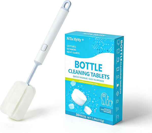 Bottle Cleaning Set with Long Handle Brush and 30 Dissolving Tablets, for