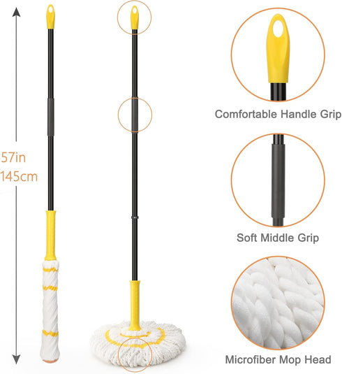 Self-Wringing Twist Mop for Floor Cleaning, Long Handled Microfiber Mop with Top Scouring Pad, 57-inch