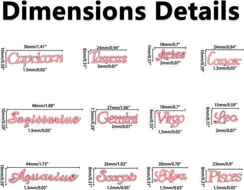 JERCLITY 24 Pieces Pink Alloy Zodiac Nail Charms, 12pcs Zodiac Signs Nail Studs, 12pcs Constellation Words Nail Charms