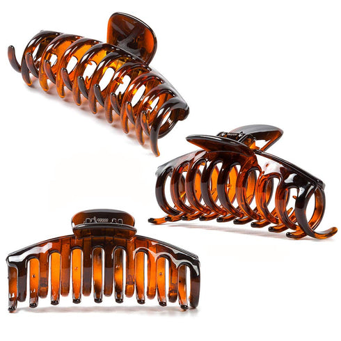 Polycarbonate Large Hair Claw Clips for Women, 3 Counts in Set of Black/Tortoise Shell Brown/Clear Resin, 4.3 inch in