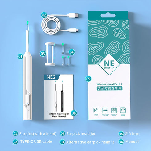 ?1296p?Ear Picker with Camera - Light-up Ear Picker, 8-Piece Set, Ear Cleaner for iOS and Android, Black