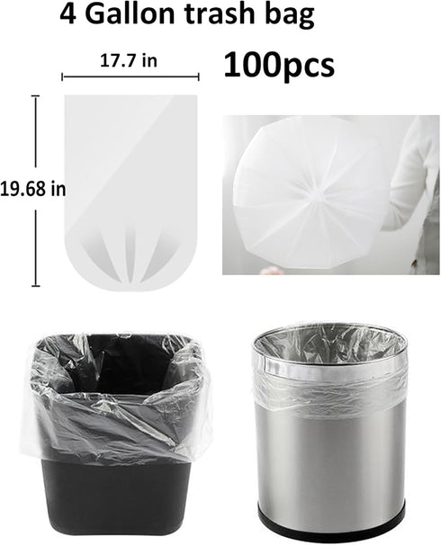 100 Count Small Trash Bags - 4 Gallon Clear Garbage Bags - Strong, Leakage-Free, Unscented Thick for Bathroom, Office,