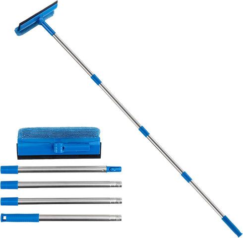 Multi-Use Microfiber Window Squeegee - 56" Long Handle 2 in 1 Rotatable Window Cleaning Kit with Rubber & Scrubber