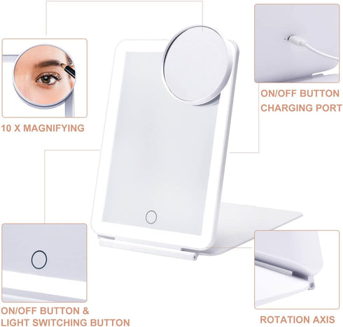 LED Foldable Travel Makeup Mirror, 5x7 inches, 3 Colors Light Modes, USB Rechargeable Touch Screen (White)