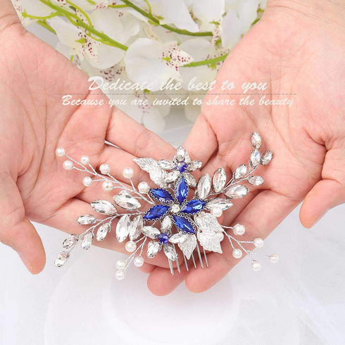 Olbye Blue Rhinestone Wedding Hair Comb Bridal Accessories for Bride and Bridesmaids Silver Hair Piece