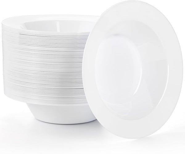 Suwimut 60 Pack Disposable Plastic Soup Bowls, 12 oz Large White Bowls for Dinnerware, Party, Catering, Events