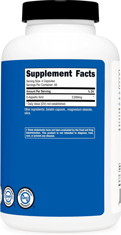 Nutricost D-Aspartic Acid (DAA) Capsules, 2000mg Per Serving, 180 Capsules - Non-GMO Supplement
