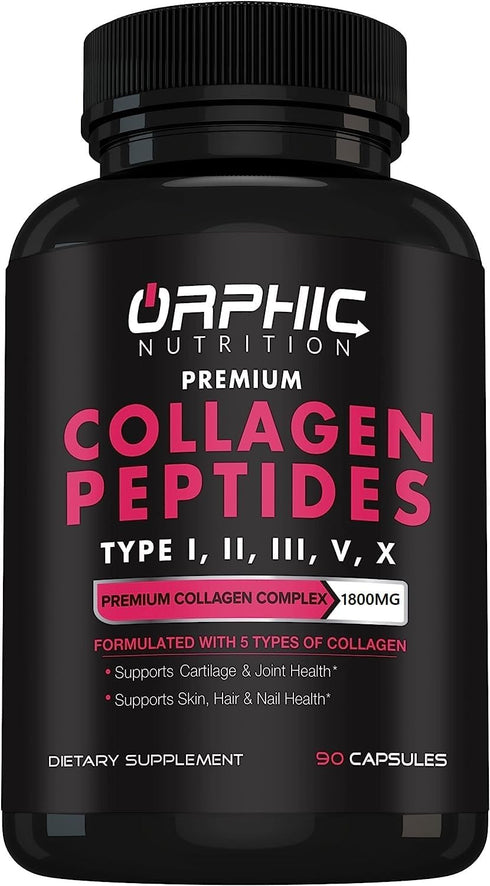 ORPHIC NUTRITION Collagen Peptides Capsules for Women, 1800mg Multi Collagen Pills, 90 Caps