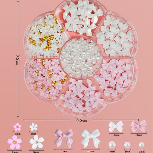Nail Charms, Flower Bow Manicure Kit, Pink White 3D Cute Flower and Bow Nail Art Decoration