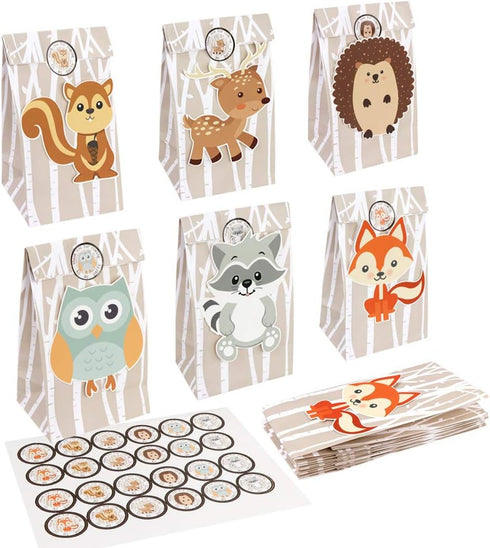 OurWarm 24pcs Woodland Party Favor Bags, 3D Animals Candy Treat Gift Bags with Thank You Stickers for Kids Birthday