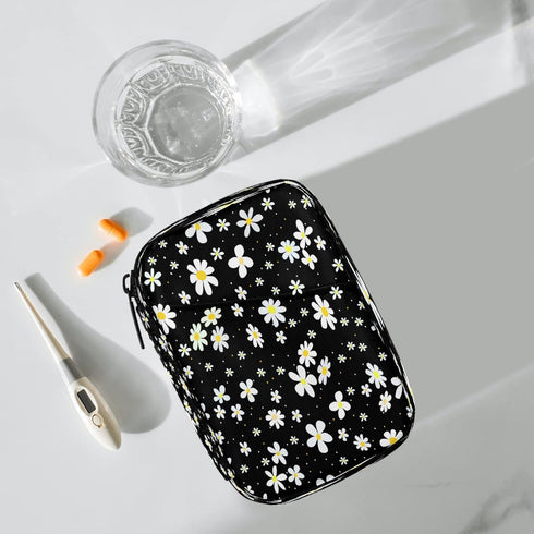 Skerhhux 7 Flower Chrysanthemum Black Pill Case Travel Pill Organizer Weekly Day Portable with Zipper Medicine Box Pill