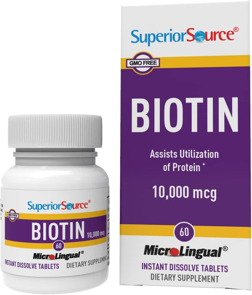 Superior Source Biotin 10,000 mcg - Daily Supplement for Hair Health & Growth, 60 Sublingual Tablets