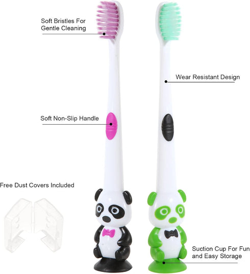 Newday Kids Toothbrushes, 6 Pack Set with Soft Bristles and Suction Cup, Includes Travel Covers, Bear Panda Design