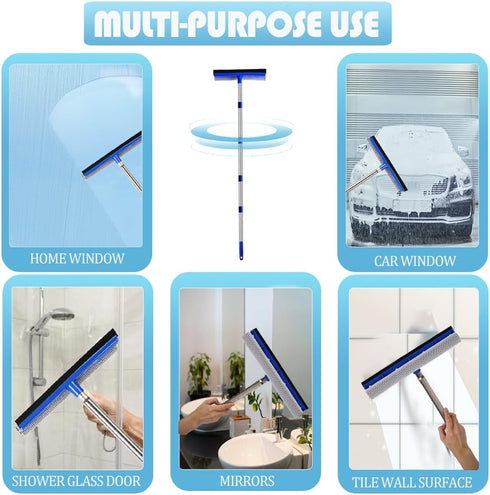 72" Window Squeegee for Cleaning: Long Handle Tool with Rubber Blade and Sponge Scrubber for Home and Car