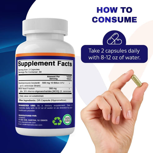 Vitamatic Saccharomyces Boulardii Probiotic, 10B per Serving + Yeast Extract, 300 mg, 60 DR Capsules
