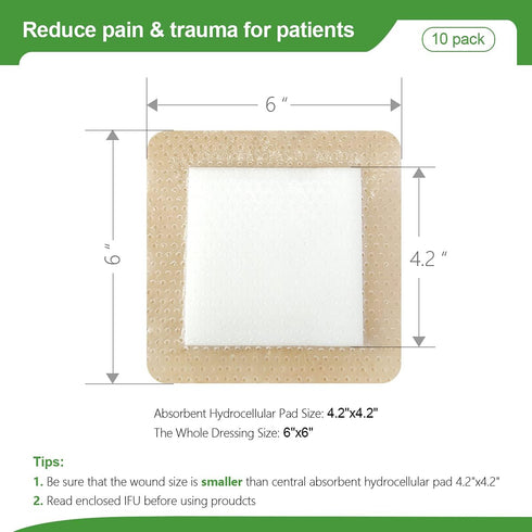 Silicone Foam Dressing, Waterproof Wound Dressing with Gentle Adhesive, 5 Layer High Absorbency, 6'' x 6'', 5 Pack