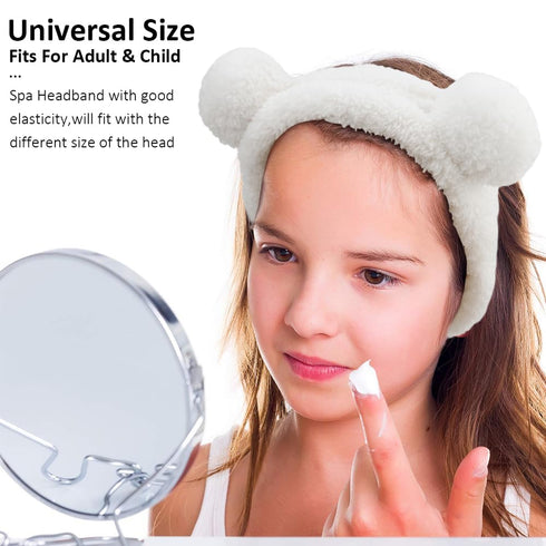 AHONEY Spa Bear Ears Headband Set, Cute Makeup & Skincare Wristbands for Washing Face, Elastic Hair Band (White)
