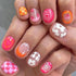 Short Square Press on Nails - Pink Fake Nails with French Tips, Rainbow Colorful Flower Heart Lattice Pattern, Summer