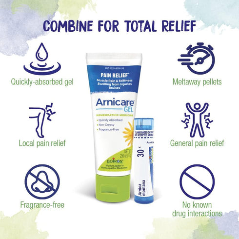 Boiron Arnicare Gel and Arnica 30c Value Pack for Pain Relief - 2.6 oz + 80 Pellet Tube