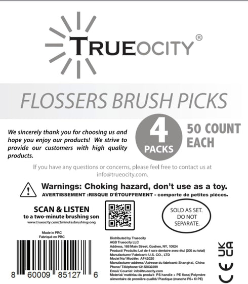 Trueocity Dental Flossers - 4 Pack with Travel Case (200 Total Count), Mint Flavored, Easy Grip, Prevents Tooth Decay