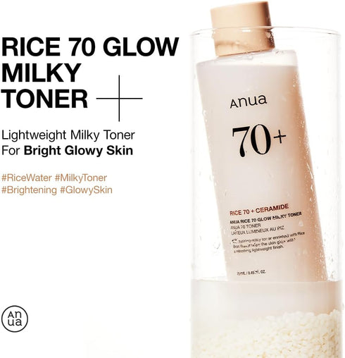 ANUA RICE 70 GLOW MILKY TONER, for Glass Skin and Brightening, Rice Water, Niacinamide, Ceramides, Panthenol, Fragrance-free, Non comodogenic, Fungal Acne Safe, Korean Skin Care, 250ml/8.45fl.oz.