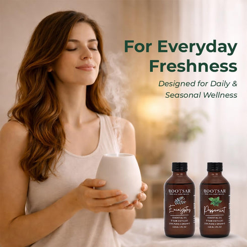 Set 4 oz Eucalyptus & Peppermint Essential Oils for Diffuser, Aromatherapy, Breathe & Refresh, Massage & DIY, Room