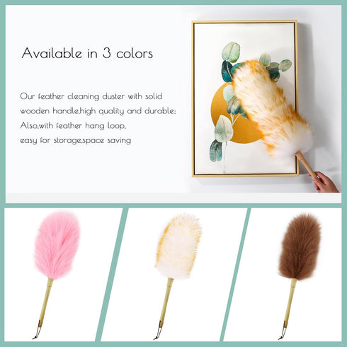 Lambswool Duster 14'' Length, Solid Wooden Handle for Cleaning Ceiling Fans, Window Blinds, Natural Feather Duster, Pink