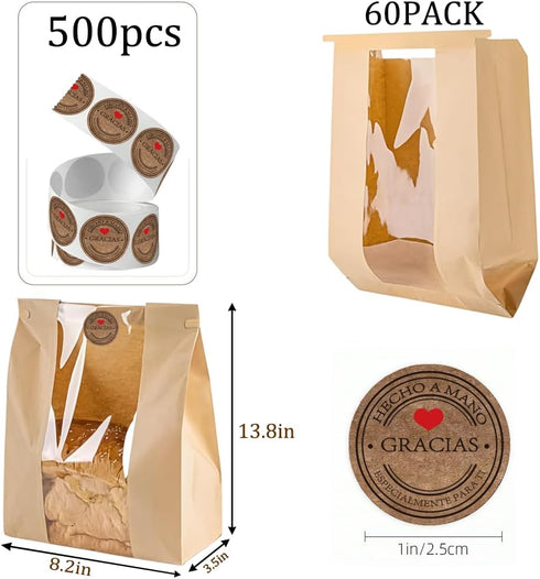 PEOKPIPLE 60 Pack 13.8x3.5x8.2 Inch 500 Packaging Sourdough Bread Bags with Tin Tie Lock - Paper Bread Bags