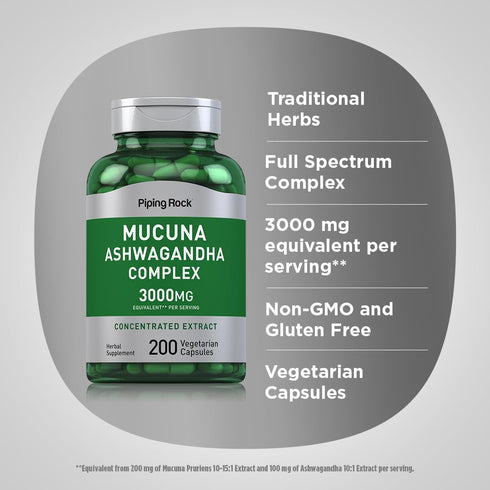 Piping Rock Mucuna Ashwagandha | 200 Capsules | 3000mg | Vegetarian, Non-GMO, Gluten Free | Complex Supplement