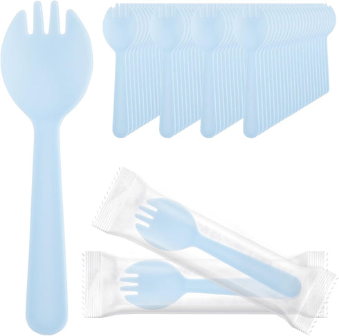 EUSOAR 100pcs Plastic Sporks, 4.5"x1.3" Heavy Duty Disposable Utensils Set, Individually Wrapped, Blue