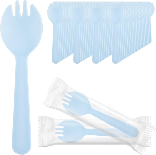 EUSOAR 100pcs Plastic Sporks, 4.5"x1.3" Heavy Duty Disposable Utensils Set, Individually Wrapped, Blue