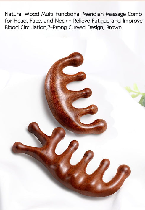 Set 7-Prong Sandalwood Massage Comb Gift - Wooden Scalp Massager & Gua Sha Tool for Head, Neck, Face, Shoulders