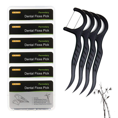 Permotary 6 Packs Bamboo Charcoal Dental Floss Picks, Ultra-fine Portable Oral Care Flossers with Travel Cases