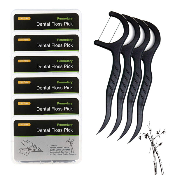 Permotary 6 Packs Bamboo Charcoal Dental Floss Picks, Ultra-fine Portable Oral Care Flossers with Travel Cases