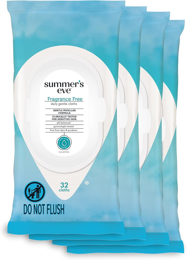 Summer's Eve Fragrance Free Gentle Daily Feminine Wipes, 32 Count, 4 Pack, pH Balanced