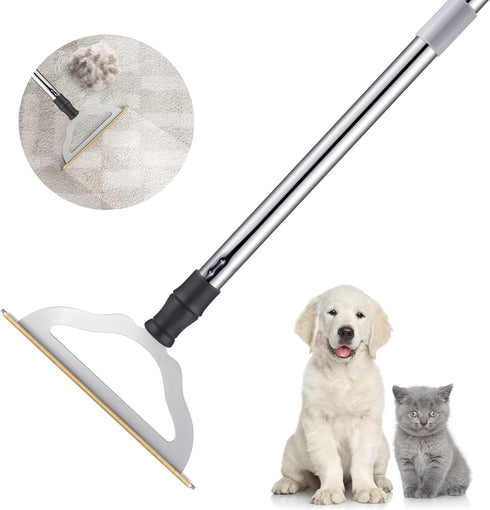 47“ Adjustable Long Handle Carpet Rake Pet Hair Remover, Reusable Metal Lint Remover Brush for Low Pile Rugs & Stairs