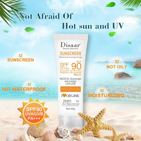 SPF 90 Sunscreen Instant Protection UVA UVB Foundation PA+++ Oil Free Sunblock Cover Protect Perfectly Moisturizing Coverage Surge 40g