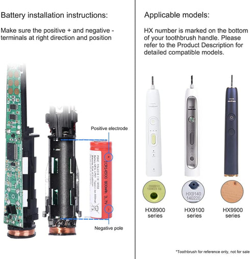 800mAh 3.7v Li-ion Electric Toothbrush Replacement Battery Compatible with Philips HX8911/02 HX9110/02 HX9112 HX9111/12 HX9903/11 HX9957/51 HX9954/56 HX9924/65 HX9924/61 Series with Pins